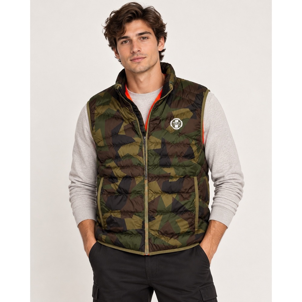 Polo Sport Ralph Lauren Mens Camo Down Puffer Vest Orange Lining Ripstop